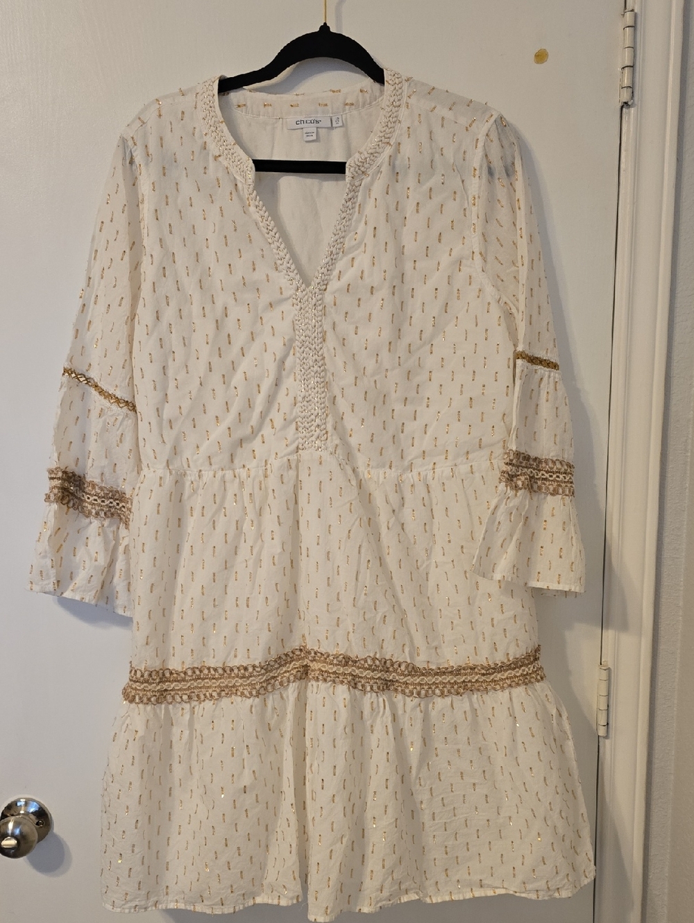 Chico's White Mini Dress with Gold Threading